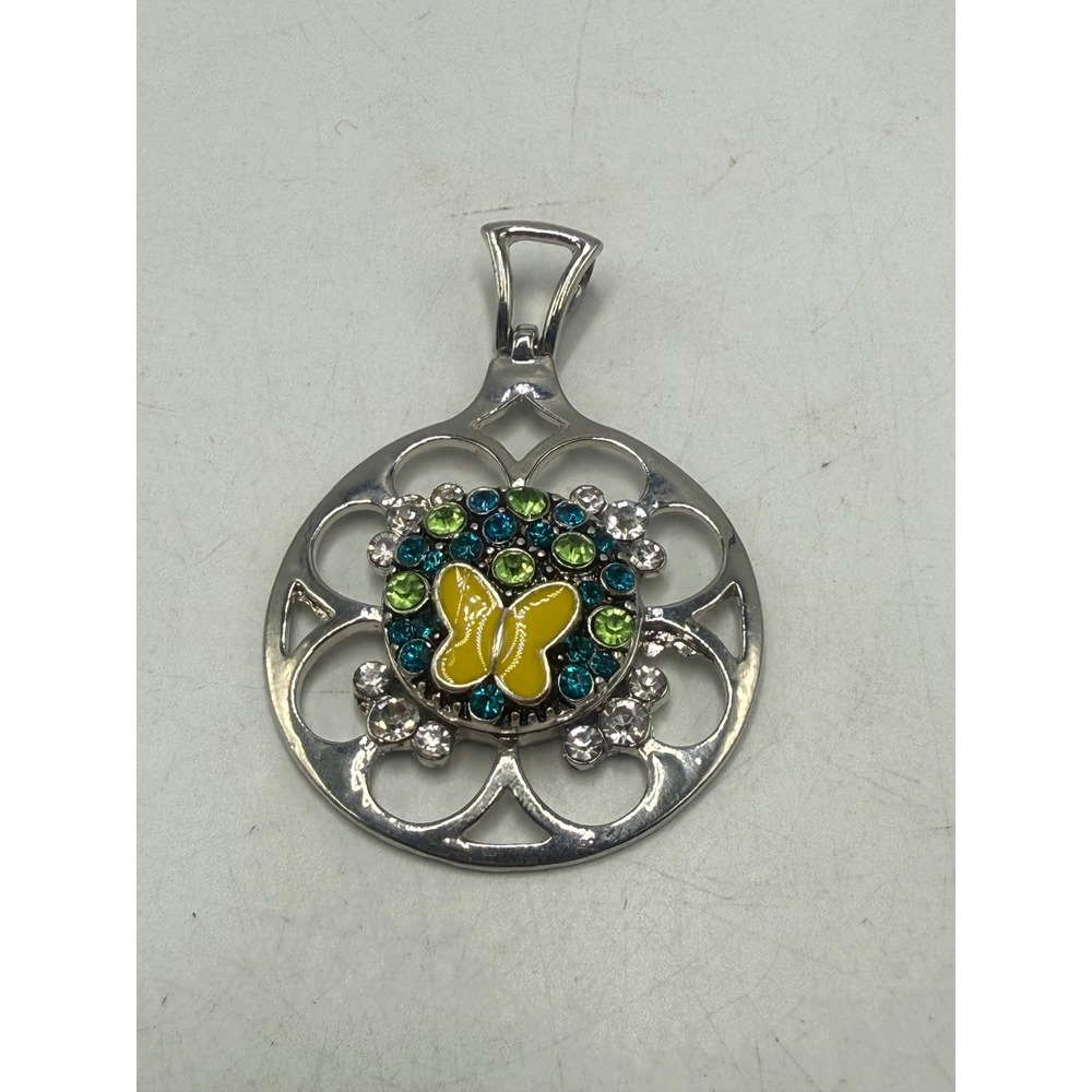 Silver Tone Butterfly Enamel Rhinestone Openwork Circular Pendant Necklace Charm